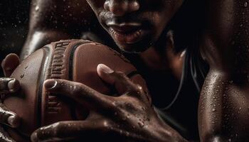 muscular africano americano atleta segurando futebol com determinação generativo ai foto