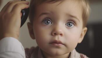 sorridente criança pequena com azul olhos, puro inocência generativo ai foto