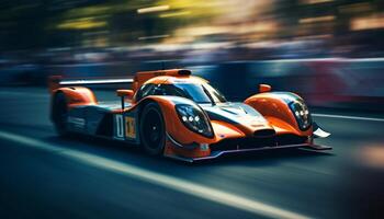 brilhante Esportes carro dirigindo em iluminado raça rastrear generativo ai foto