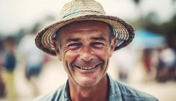 sorridente agricultor goza verão período de férias com confiança generativo ai foto