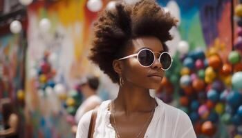 jovem africano mulher sorridente, elegante oculos de sol ao ar livre generativo ai foto