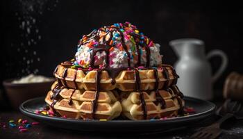 pilha do caseiro Belga waffles com bagas generativo ai foto