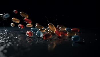 colorida pílulas derramar, abstrato reflexão em Preto fundo generativo ai foto