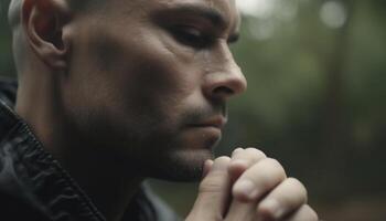 jovem homem medita dentro natureza, procurando espiritualidade generativo ai foto