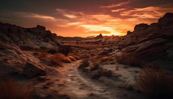 majestoso arenito montanha faixa, tranquilo pôr do sol céu generativo ai foto