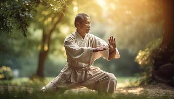 1 homem meditando dentro natureza, achando Saldo generativo ai foto