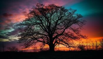silhueta árvore costas aceso de vibrante pôr do sol generativo ai foto