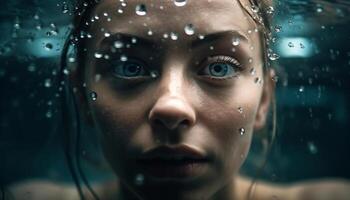 jovem adulto mulher, molhado a partir de chuva, sorridente generativo ai foto