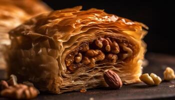 doce torta fatia com noz e chocolate gerado de ai foto