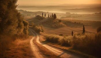 tranquilo pôr do sol sobre italiano Vinhedo dentro outono gerado de ai foto