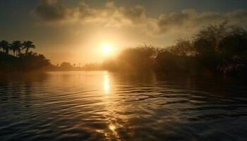 pôr do sol sobre tranquilo tropical paisagem, refletindo beleza gerado de ai foto