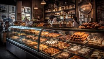 abundância do fresco cozido pão e croissants gerado de ai foto