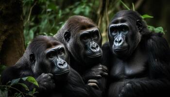 Preto primata família sentado dentro tropical floresta tropical gerado de ai foto