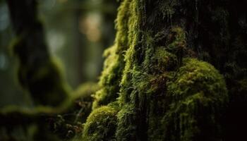 verde folhas em molhado árvore tronco dentro floresta gerado de ai foto