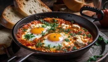 recentemente cozinhou shakshouka em fundida ferro panela gerado de ai foto