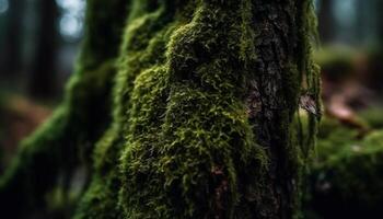 tranquilo floresta crescimento, molhado folhas, fresco beleza gerado de ai foto