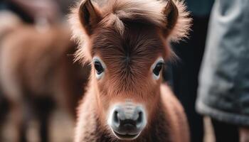 fofa cavalo olhando às Câmera dentro Prado gerado de ai foto