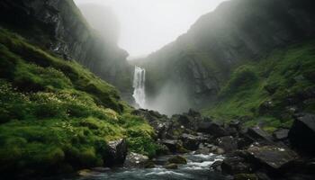 majestoso montanha faixa, tranquilo cena, fresco Relva gerado de ai foto