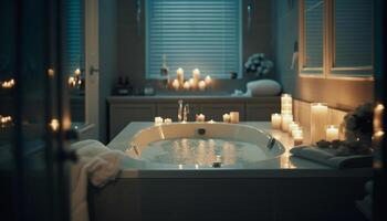 luxo spa banheiro moderno elegância, luz de velas relaxamento gerado de ai foto