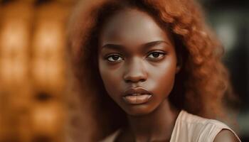 lindo jovem africano mulher com encaracolado cabelo sorridente gerado de ai foto