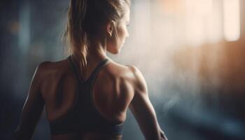 jovem mulher dentro Esportes roupas exercício dentro de casa gerado de ai foto