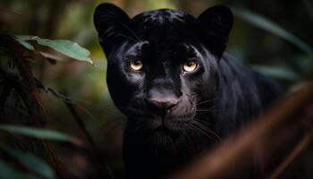 Preto felino encarando alerta dentro tropical floresta tropical gerado de ai foto