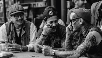 sorridente grupo do jovem adultos ao ar livre trabalhando criativamente gerado de ai foto