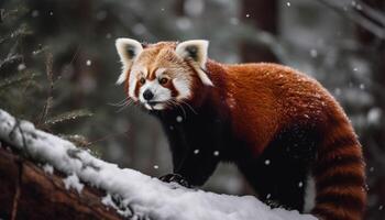 fofa vermelho panda sentado em Nevado ramo gerado de ai foto