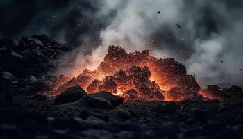 brilhando fogueira em erupção dentro Sombrio montanha panorama gerado de ai foto