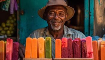 sorridente Senior homem segurando fresco fruta ao ar livre gerado de ai foto