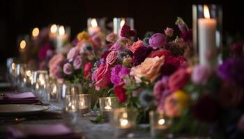 elegante flor arranjo em mesa para Casamento celebração gerado de ai foto