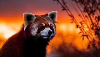 fofo panda encarando às pôr do sol dentro floresta gerado de ai foto