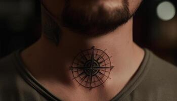 barbudo homem com tatuagem explora velho formado metal equipamento gerado de ai foto