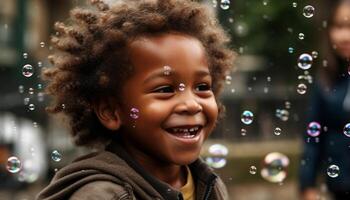 sorridente criança tocam com bolha varinha ao ar livre gerado de ai foto