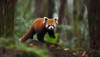 fofa jovem vermelho panda sentado em ramo gerado de ai foto