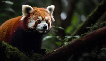 fofa vermelho panda sentado em árvore ramo gerado de ai foto