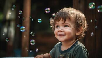 jogando ao ar livre, sopro bolhas, puro infância alegria gerado de ai foto