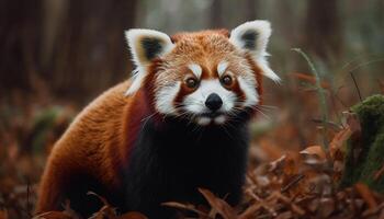 fofo panda sentado dentro outono floresta Relva gerado de ai foto