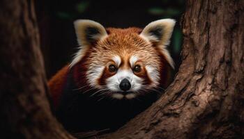 fofo vermelho panda sentado em árvore ramo gerado de ai foto