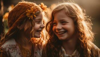 dois sorridente irmãs desfrutando despreocupado verão ao ar livre gerado de ai foto