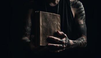 1 pessoa lendo Bíblia, mão segurando Cruz gerado de ai foto