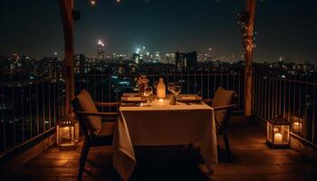 luxo jantar ao ar livre, cidade Horizonte iluminado belas gerado de ai foto
