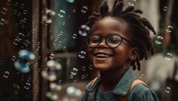 sorridente africano menina sopro bolhas com confiança gerado de ai foto