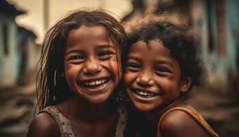 dois alegre meninas abraçando dentro natureza beleza gerado de ai foto