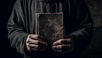 mão segurando religioso texto, lendo para sabedoria gerado de ai foto