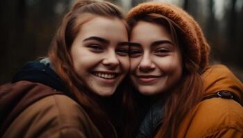 dois jovem mulheres abraçar, sorridente dentro natureza gerado de ai foto