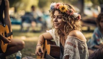 jovem adultos jogando guitarra, desfrutando natureza beleza gerado de ai foto