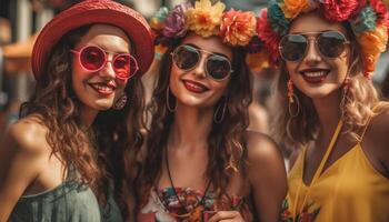 jovem mulheres dentro oculos de sol apreciar verão festa gerado de ai foto