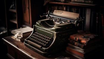 oxidado máquina de escrever em de madeira escrivaninha evoca nostalgia gerado de ai foto