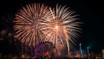 vibrante cores iluminar Sombrio noite céu com fogos de artifício gerado de ai foto